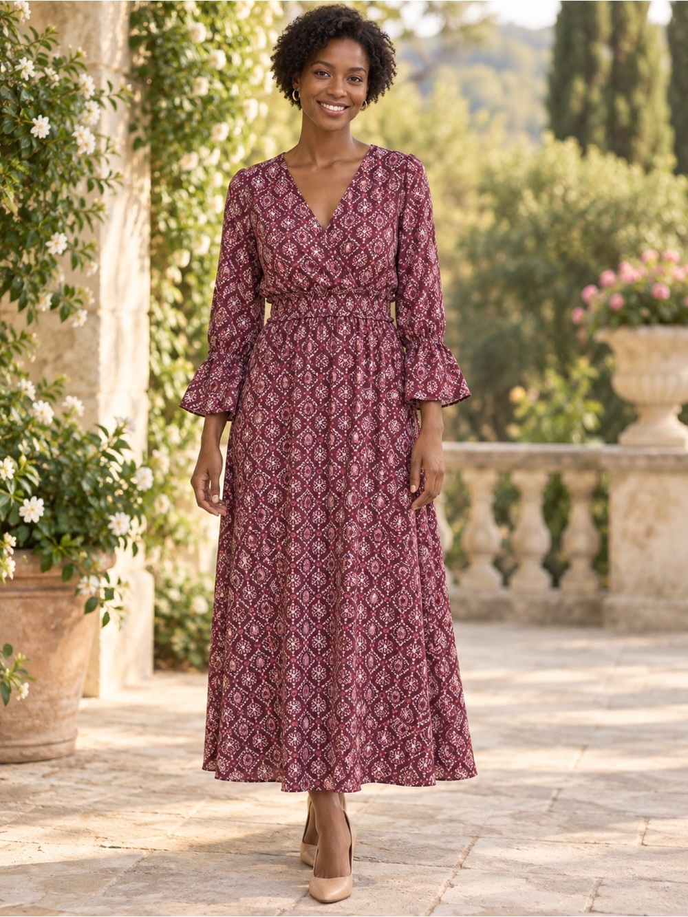 Myra Bag Burgundy Patterned V-Neck Maxi Dress